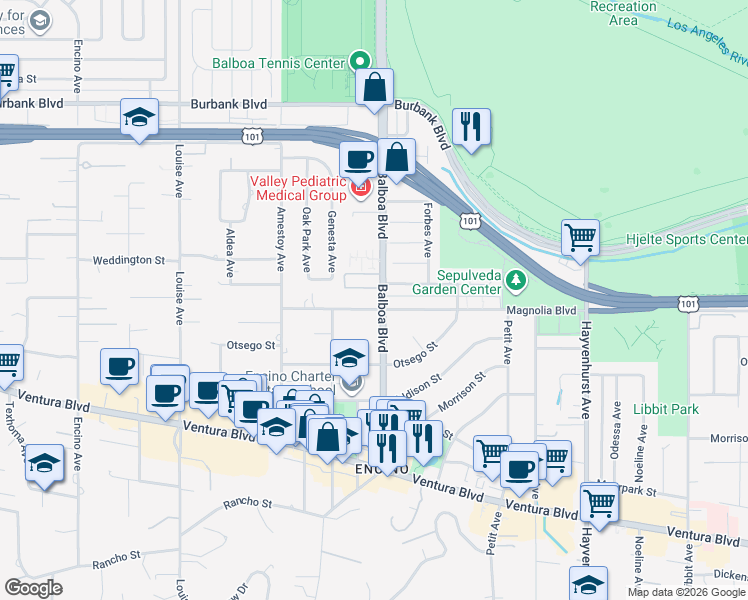 map of restaurants, bars, coffee shops, grocery stores, and more near 5215 Balboa Boulevard in Los Angeles