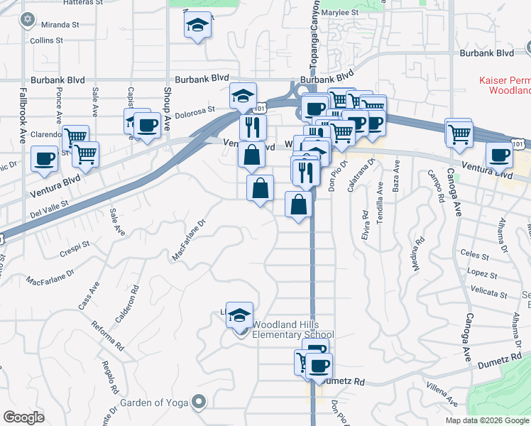 map of restaurants, bars, coffee shops, grocery stores, and more near 22061 Crespi Street in Los Angeles