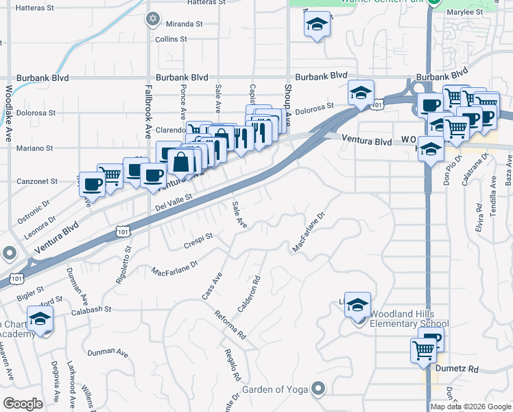 map of restaurants, bars, coffee shops, grocery stores, and more near 5241 Calderon Road in Los Angeles