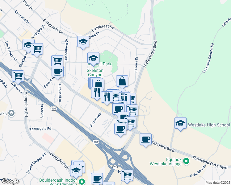 map of restaurants, bars, coffee shops, grocery stores, and more near 2783 East Sierra Drive in Westlake Village