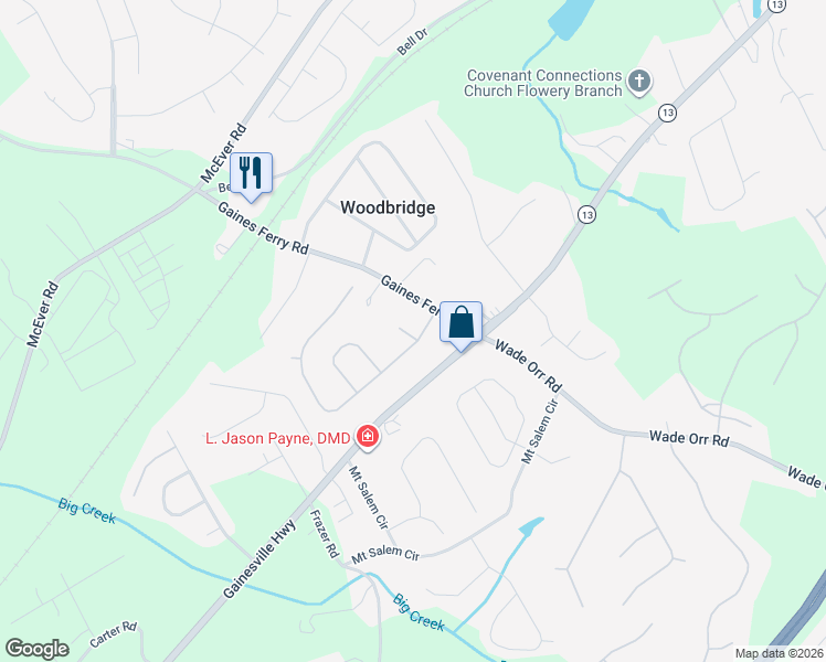 map of restaurants, bars, coffee shops, grocery stores, and more near 6024 Stillwater Court in Flowery Branch