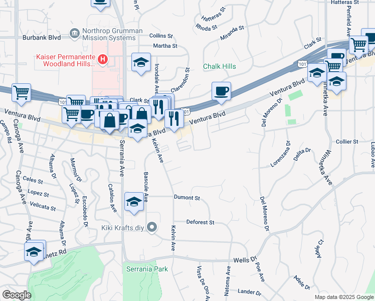 map of restaurants, bars, coffee shops, grocery stores, and more near 5200 Premiere Hills Drive in Los Angeles