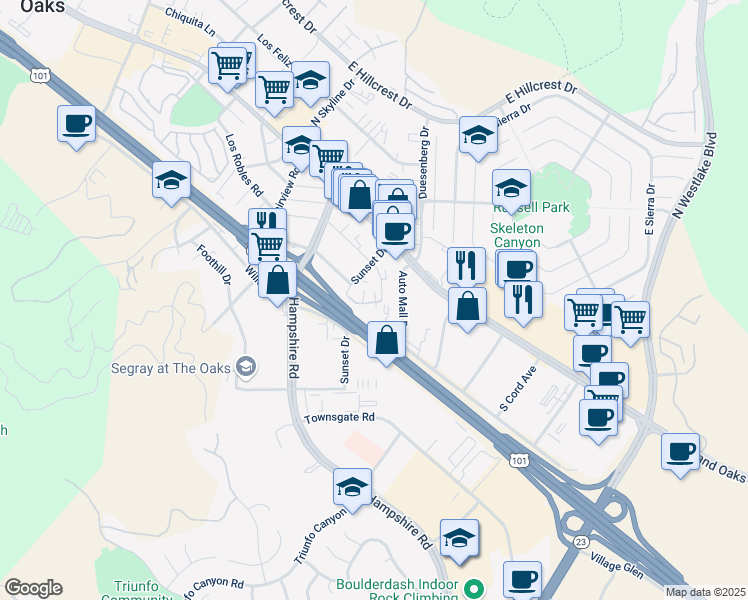 map of restaurants, bars, coffee shops, grocery stores, and more near 3369 Holly Grove Street in Westlake Village