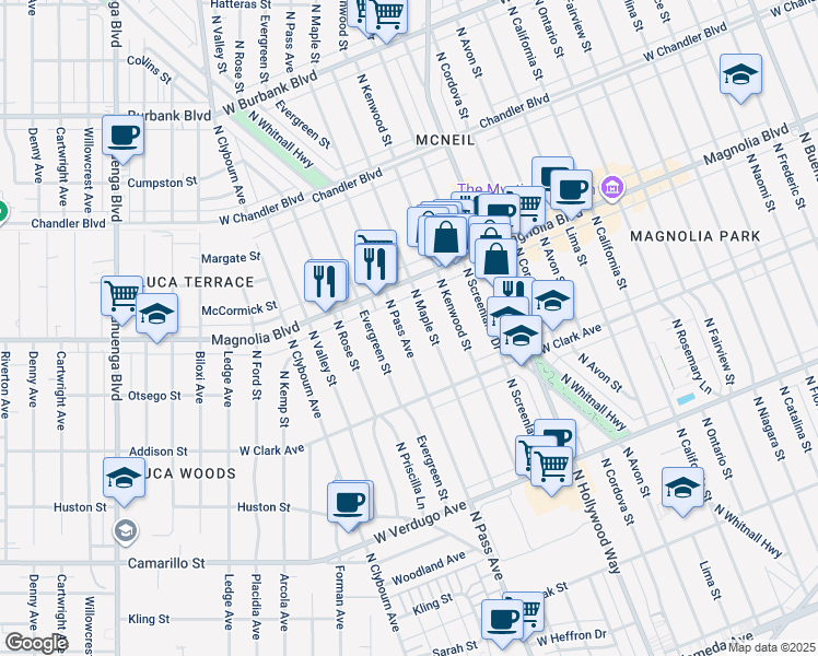 map of restaurants, bars, coffee shops, grocery stores, and more near 910 North Pass Avenue in Burbank