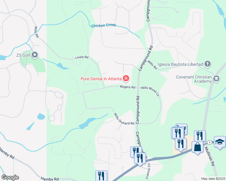map of restaurants, bars, coffee shops, grocery stores, and more near 5905 Rogers Road in Cumming