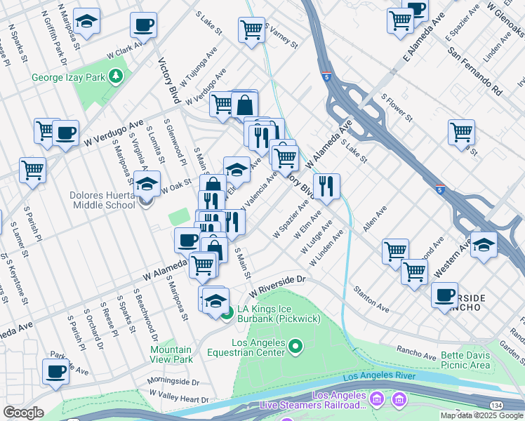 map of restaurants, bars, coffee shops, grocery stores, and more near in Burbank