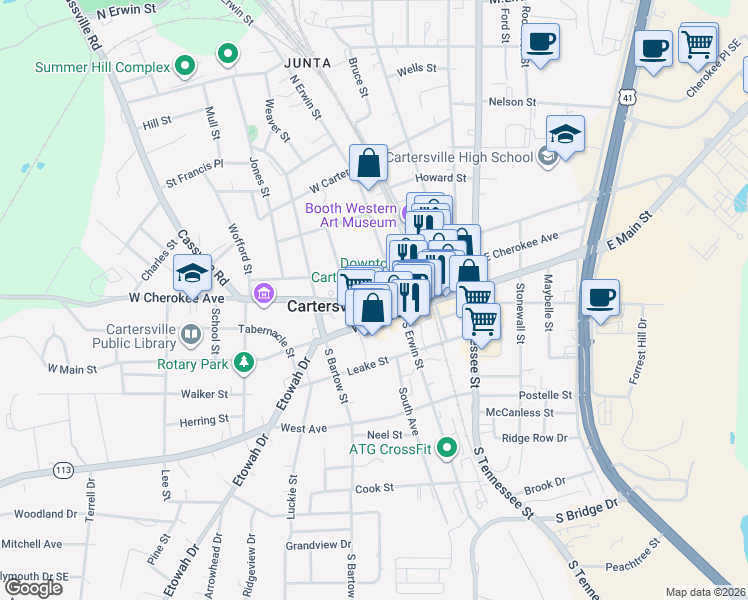 map of restaurants, bars, coffee shops, grocery stores, and more near 114 West Cherokee Avenue in Cartersville