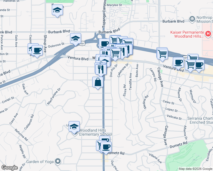 map of restaurants, bars, coffee shops, grocery stores, and more near 5232 Topanga Canyon Boulevard in Los Angeles