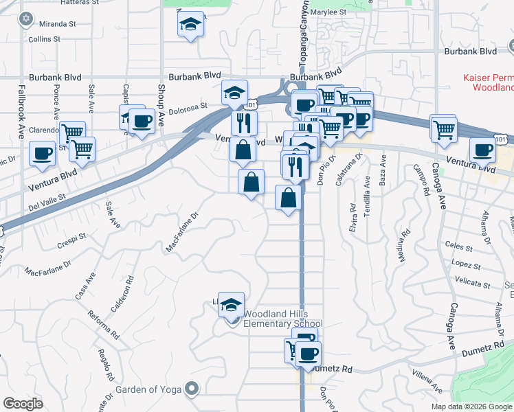 map of restaurants, bars, coffee shops, grocery stores, and more near 5235 San Feliciano Drive in Los Angeles