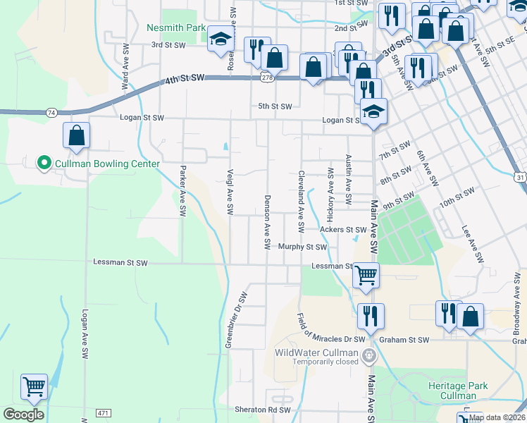 map of restaurants, bars, coffee shops, grocery stores, and more near 815 Denson Avenue Southwest in Cullman