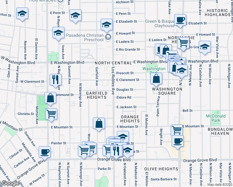map of restaurants, bars, coffee shops, grocery stores, and more near 1134 North Los Robles Avenue in Pasadena
