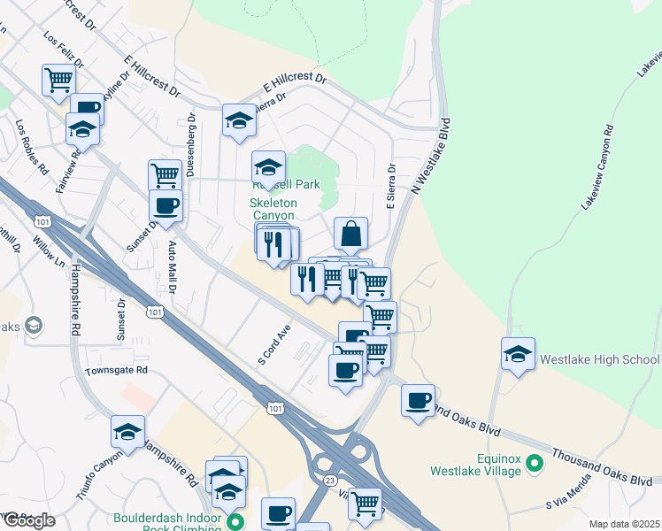 map of restaurants, bars, coffee shops, grocery stores, and more near 2783 East Sierra Drive in Westlake Village