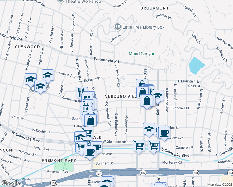map of restaurants, bars, coffee shops, grocery stores, and more near 1316 North Columbus Avenue in Glendale