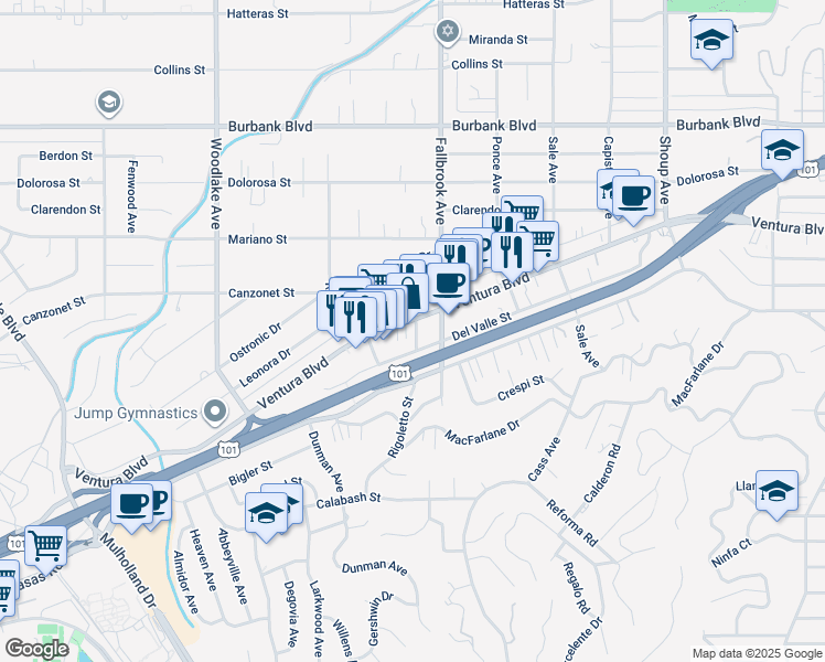 map of restaurants, bars, coffee shops, grocery stores, and more near 22836 Ventura Boulevard in Los Angeles