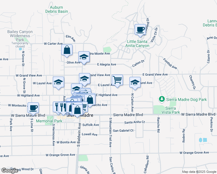 map of restaurants, bars, coffee shops, grocery stores, and more near 187 North Mountain Trail in Sierra Madre
