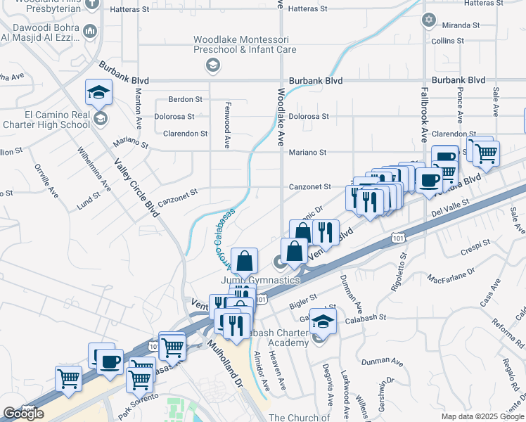 map of restaurants, bars, coffee shops, grocery stores, and more near 23245 Gonzales Drive in Los Angeles