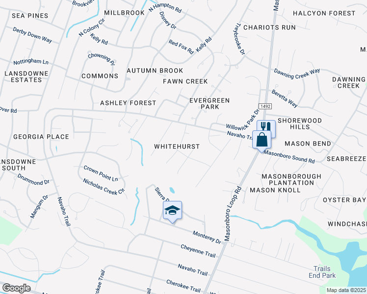 map of restaurants, bars, coffee shops, grocery stores, and more near 4139 Whitehurst Drive in Wilmington