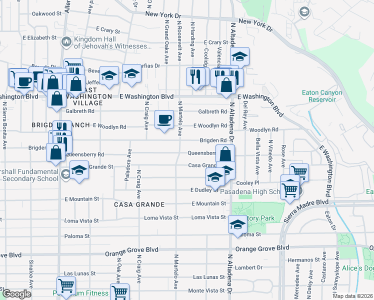 map of restaurants, bars, coffee shops, grocery stores, and more near 2345 Queensberry Road in Pasadena