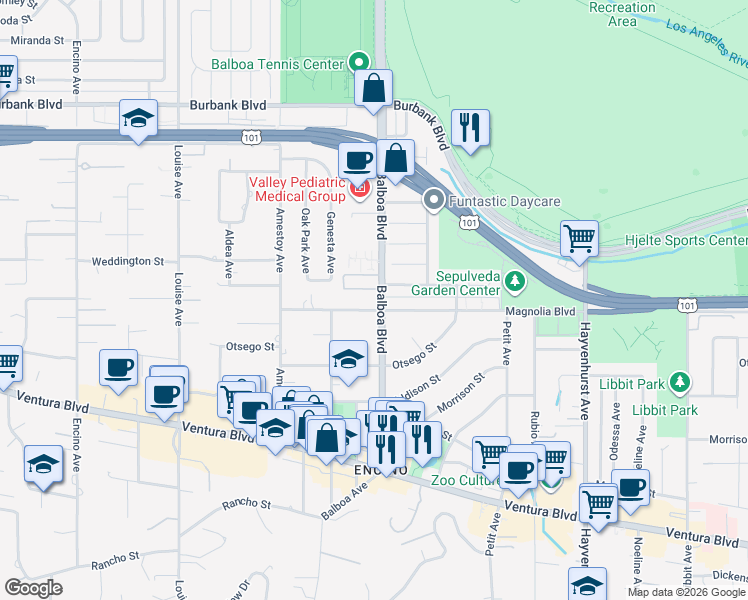 map of restaurants, bars, coffee shops, grocery stores, and more near 5215 Balboa Boulevard in Los Angeles