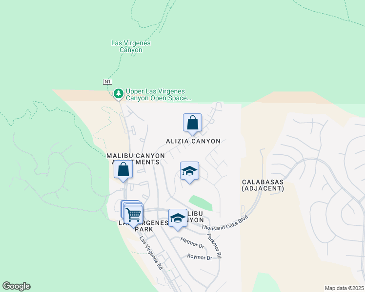 map of restaurants, bars, coffee shops, grocery stores, and more near 26130 Alizia Canyon Drive in Calabasas