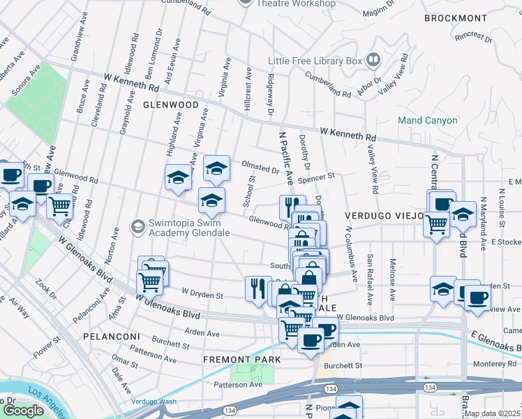 map of restaurants, bars, coffee shops, grocery stores, and more near 546 Clement Drive in Glendale
