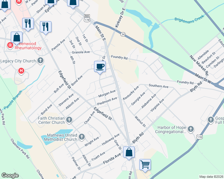 map of restaurants, bars, coffee shops, grocery stores, and more near 106 Morgan Avenue in Greenwood