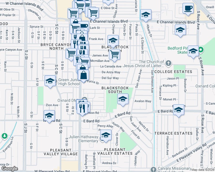map of restaurants, bars, coffee shops, grocery stores, and more near 450 East Yucca Street in Oxnard