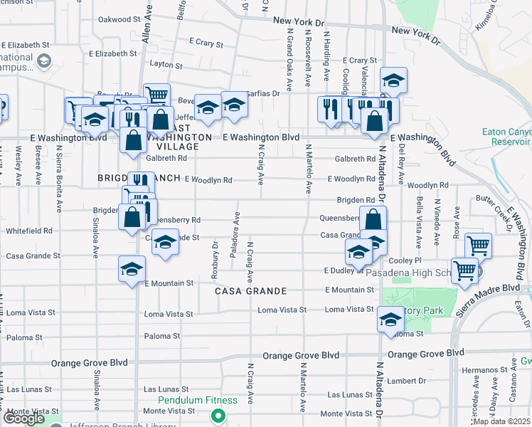 map of restaurants, bars, coffee shops, grocery stores, and more near 2185 Queensberry Road in Pasadena