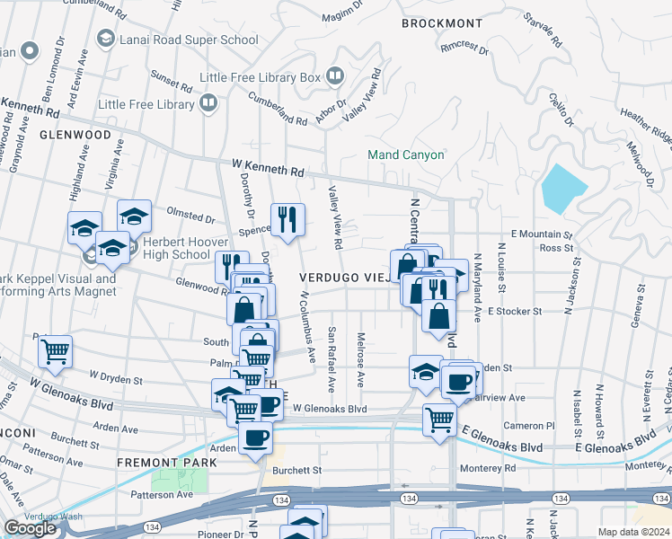 map of restaurants, bars, coffee shops, grocery stores, and more near 1313 Valley View Road in Glendale