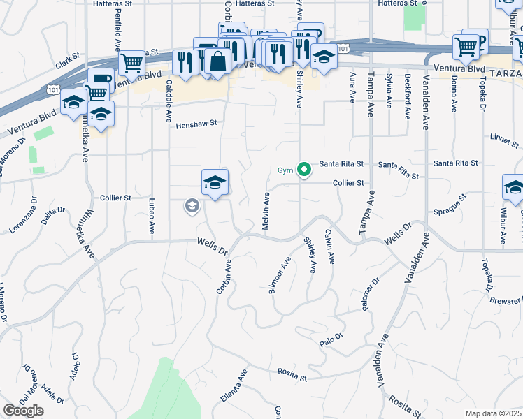 map of restaurants, bars, coffee shops, grocery stores, and more near 5143 Melvin Avenue in Los Angeles