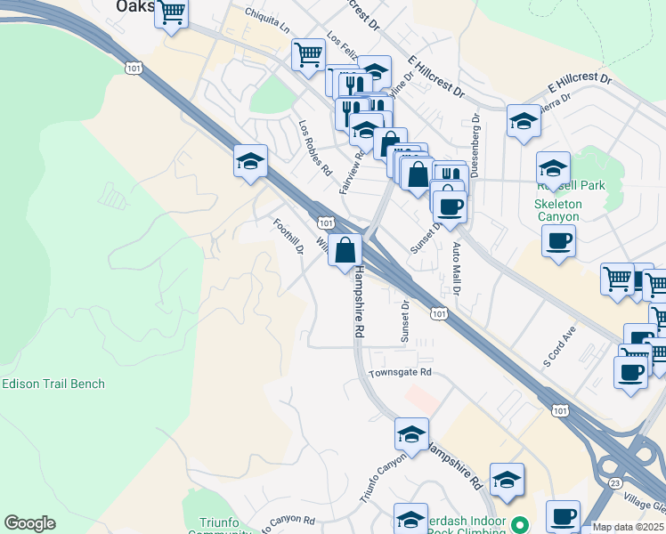 map of restaurants, bars, coffee shops, grocery stores, and more near 3180a Willow Lane in Thousand Oaks