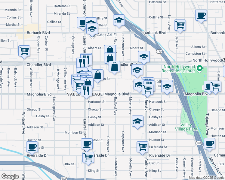 map of restaurants, bars, coffee shops, grocery stores, and more near 11911 Magnolia Boulevard in Los Angeles