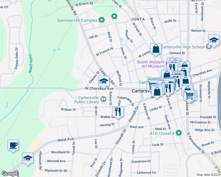 map of restaurants, bars, coffee shops, grocery stores, and more near 1 School Street in Cartersville