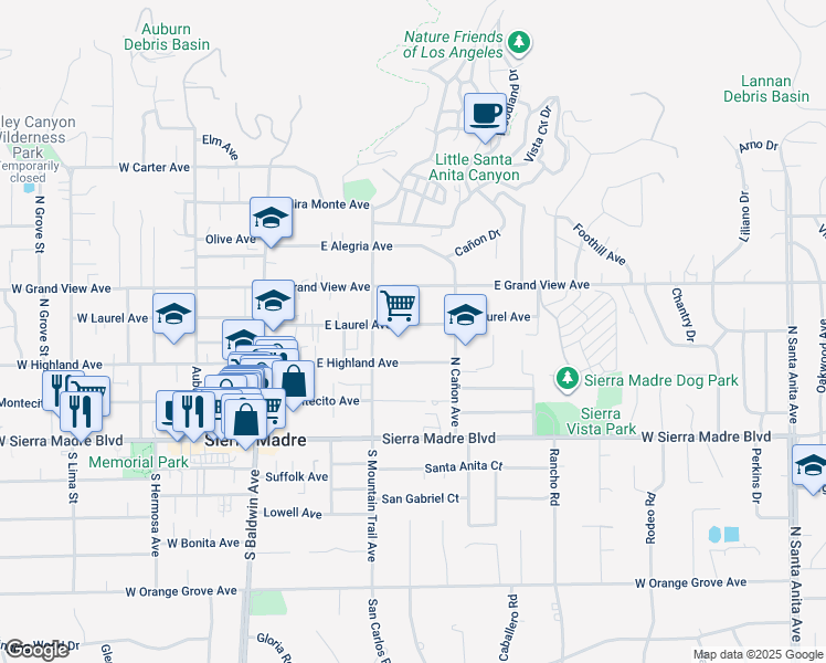 map of restaurants, bars, coffee shops, grocery stores, and more near 282 East Laurel Avenue in Sierra Madre
