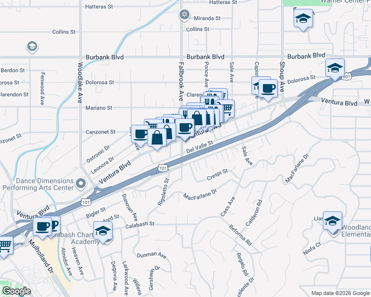 map of restaurants, bars, coffee shops, grocery stores, and more near 5204 Fallbrook Avenue in Los Angeles