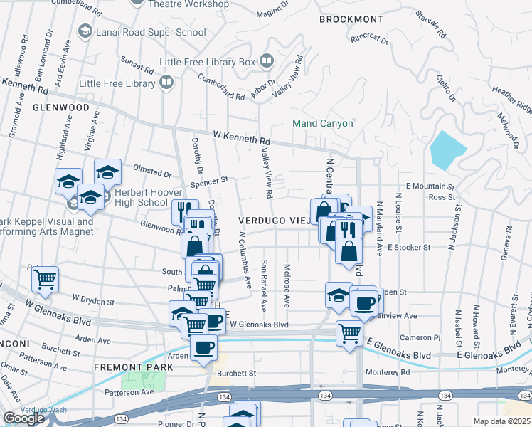 map of restaurants, bars, coffee shops, grocery stores, and more near 1313 Valley View Road in Glendale