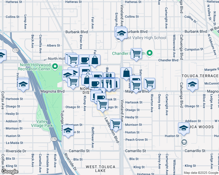 map of restaurants, bars, coffee shops, grocery stores, and more near 5220 Blakeslee Avenue in Los Angeles