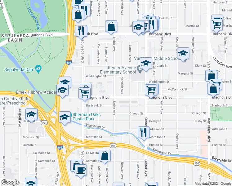 map of restaurants, bars, coffee shops, grocery stores, and more near 5212 Noble Avenue in Los Angeles
