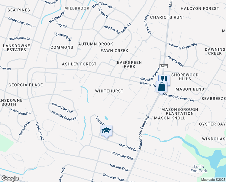 map of restaurants, bars, coffee shops, grocery stores, and more near 4139 Whitehurst Drive in Wilmington