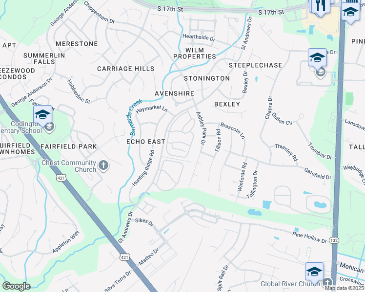 map of restaurants, bars, coffee shops, grocery stores, and more near 970 Saint Andrews Drive in Wilmington