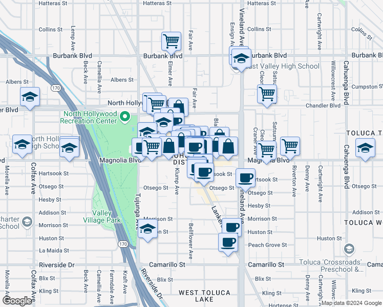 map of restaurants, bars, coffee shops, grocery stores, and more near 5200 Lankershim Boulevard in Los Angeles