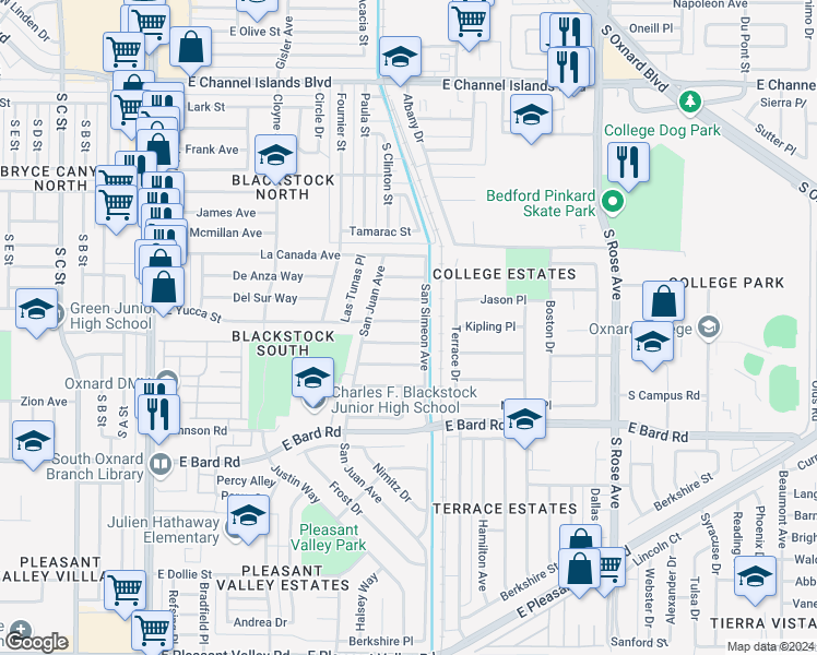 map of restaurants, bars, coffee shops, grocery stores, and more near 840 East Yucca Street in Oxnard