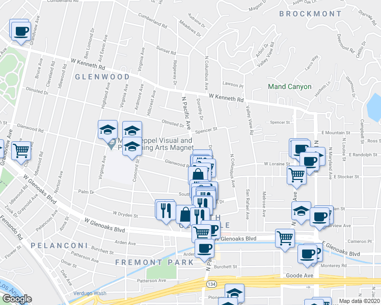 map of restaurants, bars, coffee shops, grocery stores, and more near 1327 North Pacific Avenue in Glendale