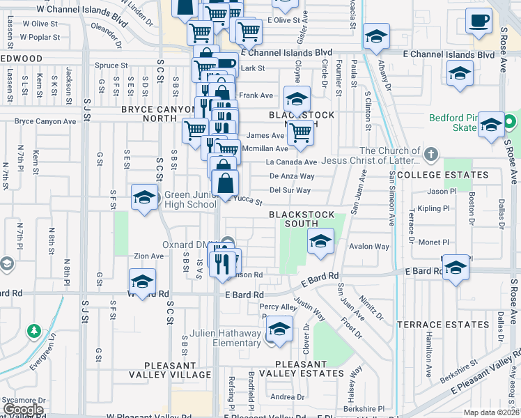 map of restaurants, bars, coffee shops, grocery stores, and more near 350 East Yucca Street in Oxnard