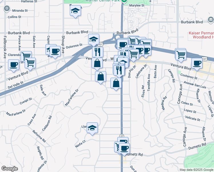 map of restaurants, bars, coffee shops, grocery stores, and more near 22061 Crespi Street in Los Angeles
