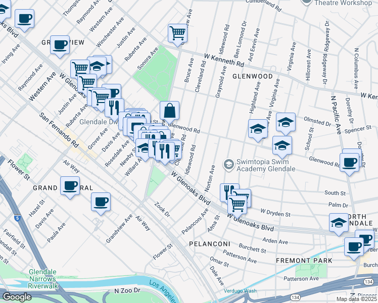 map of restaurants, bars, coffee shops, grocery stores, and more near 1221 Idlewood Road in Glendale