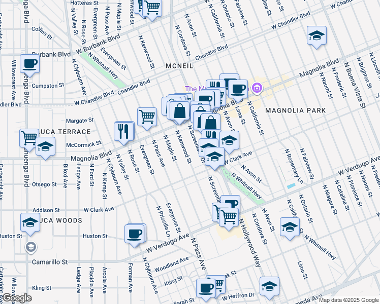 map of restaurants, bars, coffee shops, grocery stores, and more near 850 North Kenwood Street in Burbank