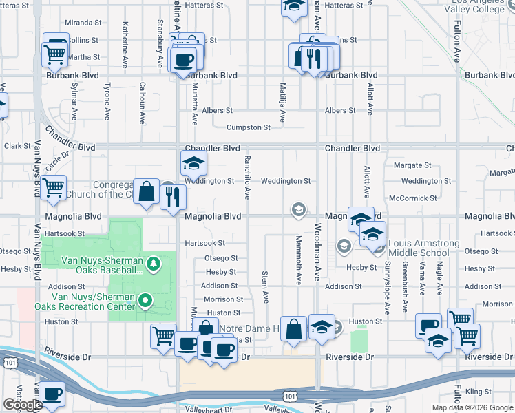 map of restaurants, bars, coffee shops, grocery stores, and more near 13845 Magnolia Boulevard in Los Angeles