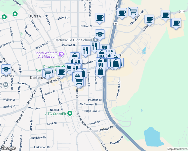 map of restaurants, bars, coffee shops, grocery stores, and more near 110 Forrest Avenue in Cartersville