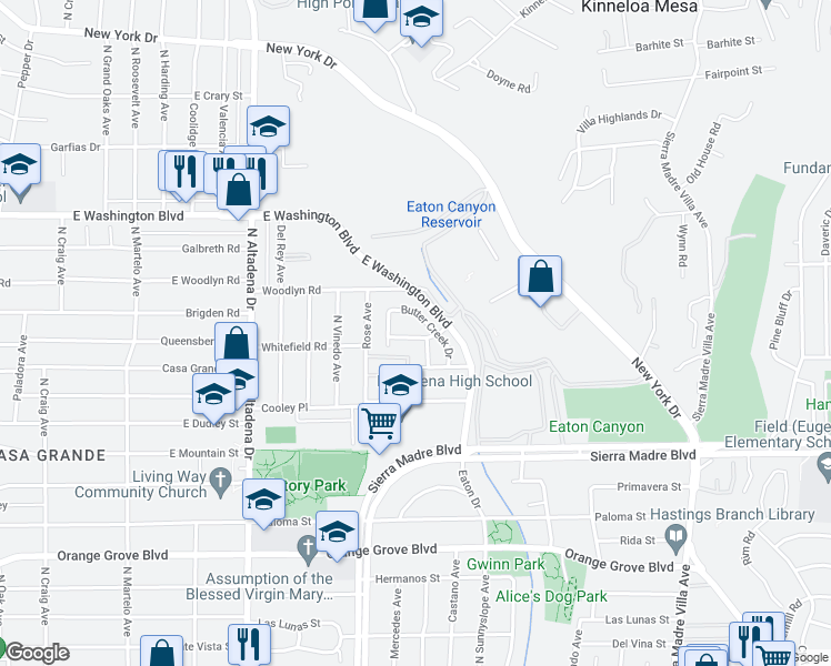 map of restaurants, bars, coffee shops, grocery stores, and more near 2807 Heritage Drive in Pasadena